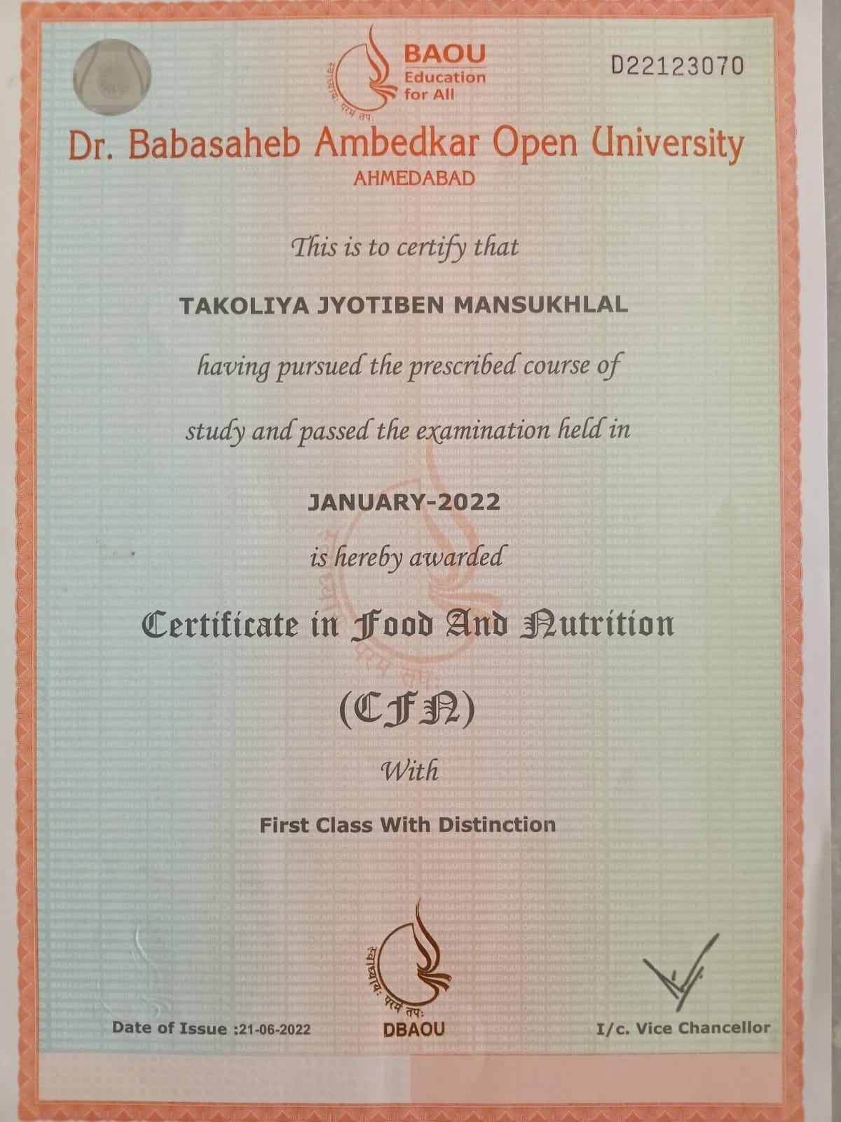 Certificate in Food and Nutrition